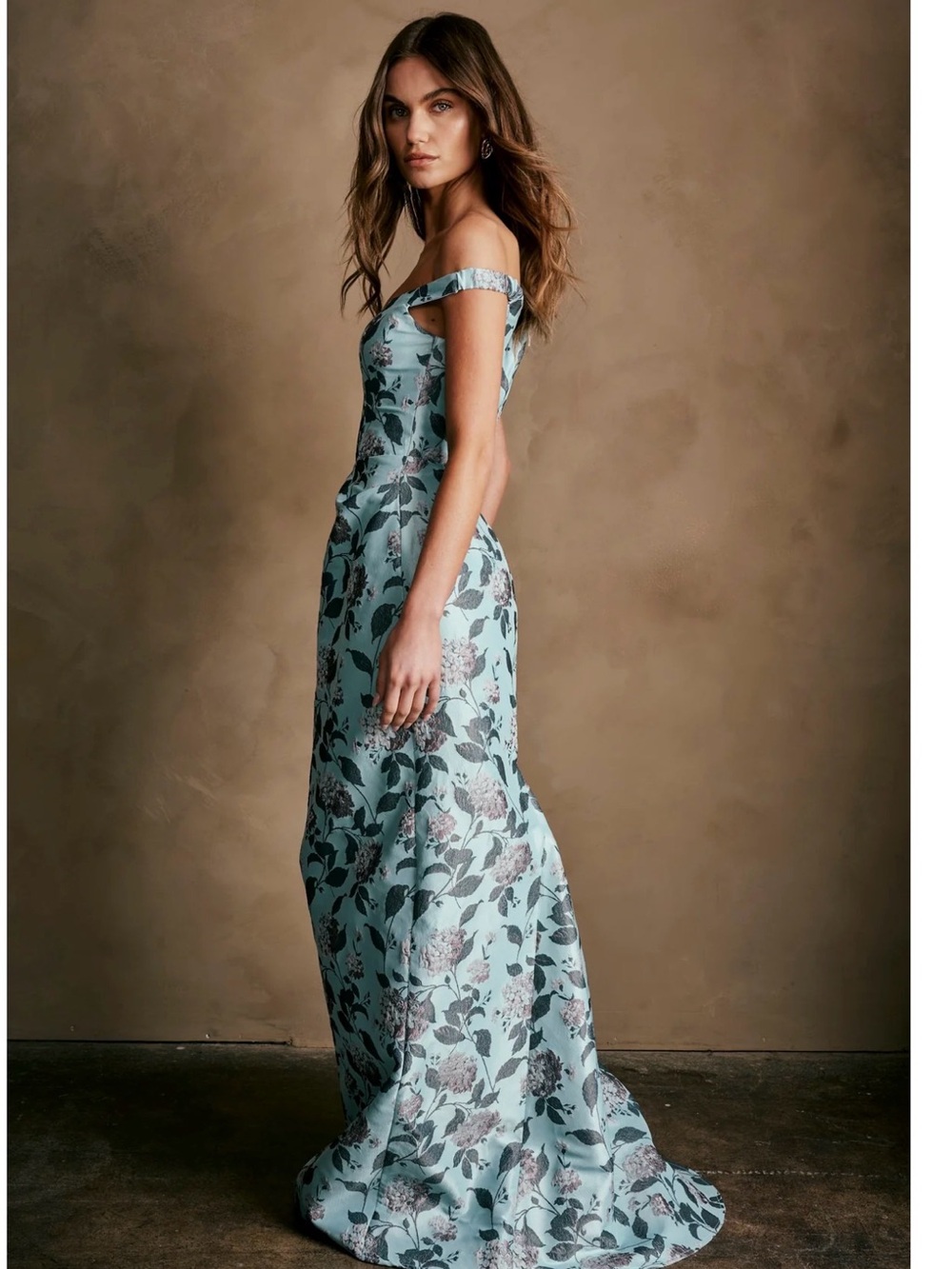 Katie May One-Shoulder Light Blue Floral Jacquard Gown - Picture 2 of 15